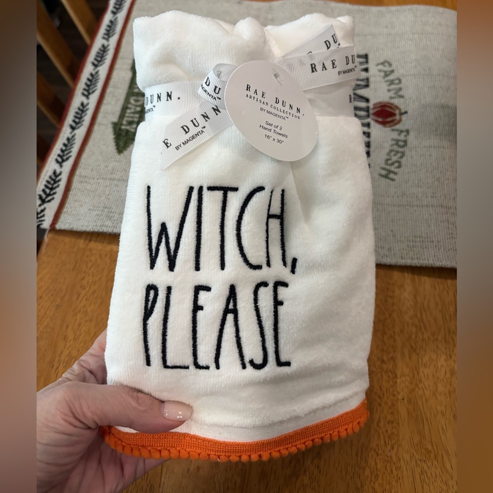 Rae Dunn White Hand Towels with Black 'Witch, Please' Embroidery and Orange Trim